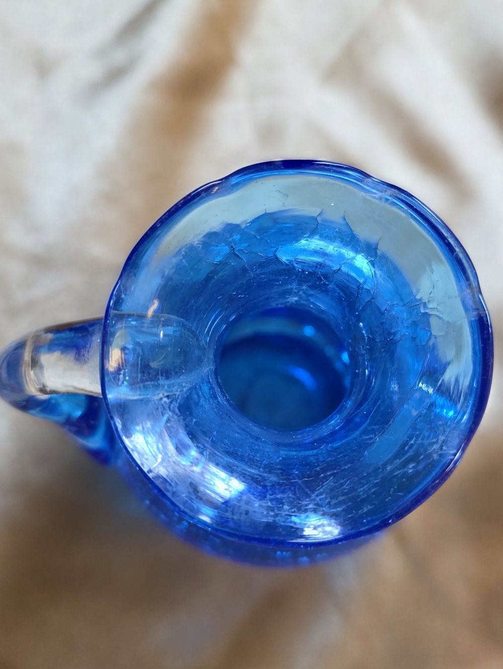 Small Vintage Hand-Blown Cobalt Blue Crackle Glass Pitcher Vase - Picture 3 of 10